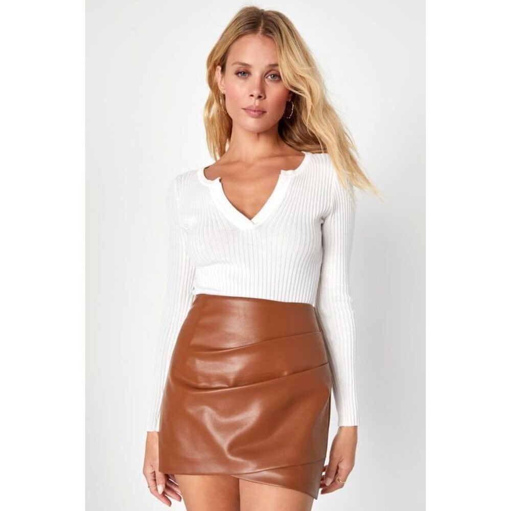Lulus Unforgettable Energy Brown Vegan Leather Mini Skirt - Size L